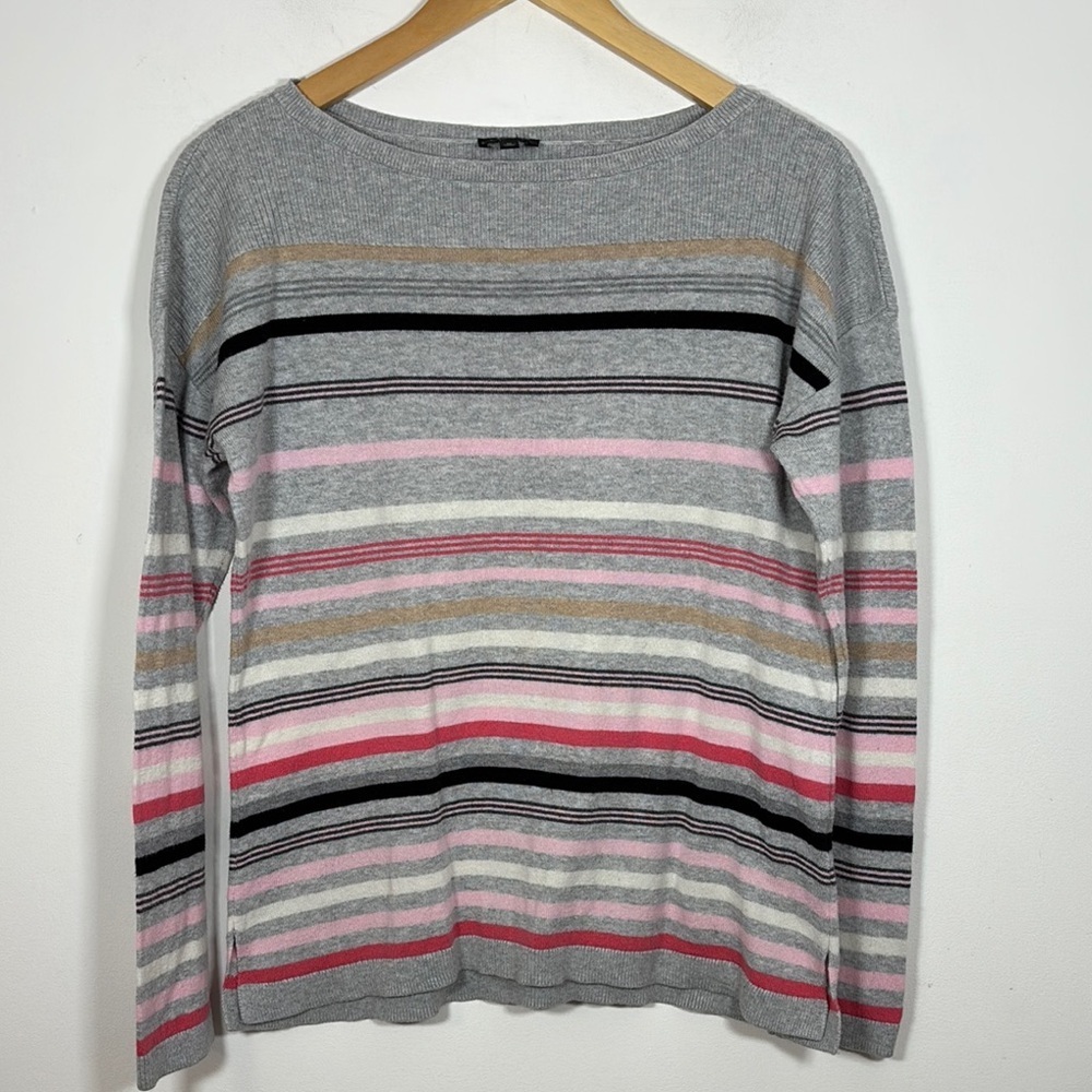 Talbots Striped Gray Pink Sweater Medium Cotton Rayon Cashmere‎ Lightweight